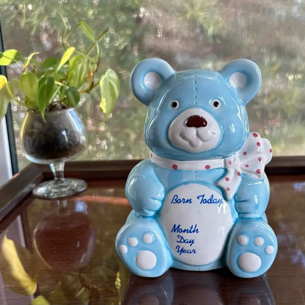 Vintage Blue Teddy Bear Piggy Bank Born Today Baby Keepsake Taiwan